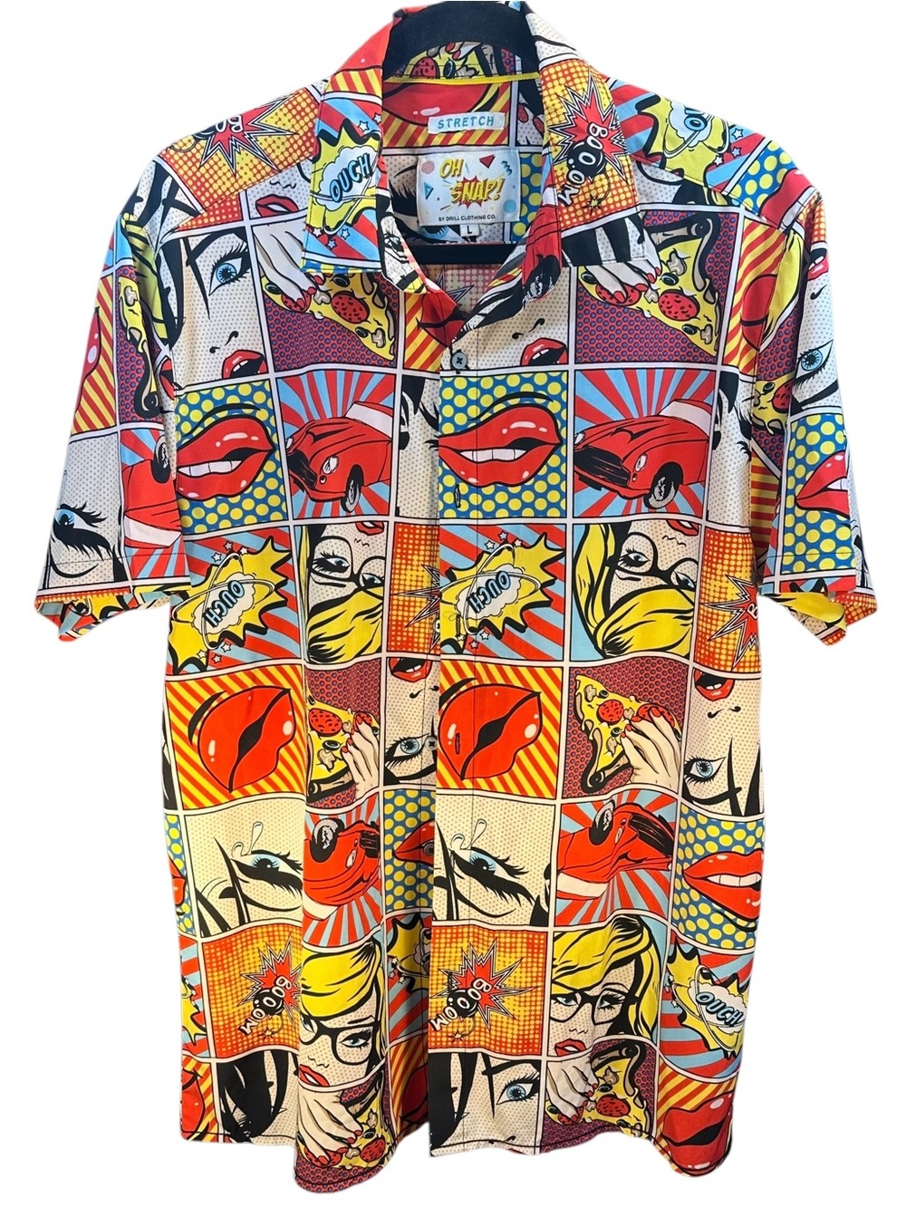 Oh Snap Drill Clothing Mens Size L Colorful Comic Cartoon Preworn Button Front